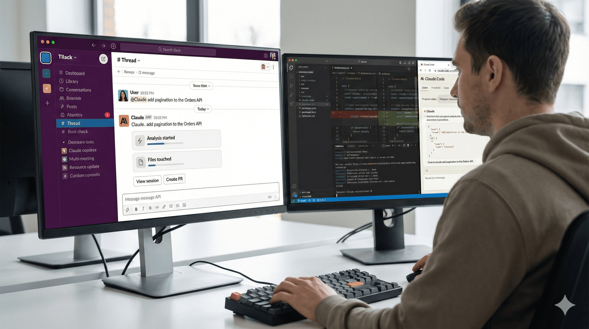 Slack-тред с ответом Claude Code и кнопками View Session, Create PR
