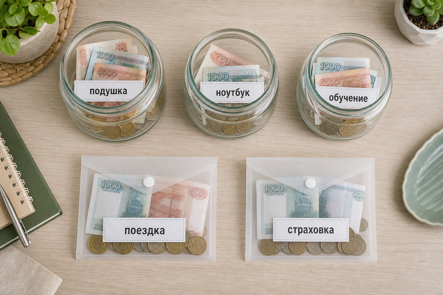 На столе разложены отдельные конверты с деньгами для подушки и разных плановых фондов.