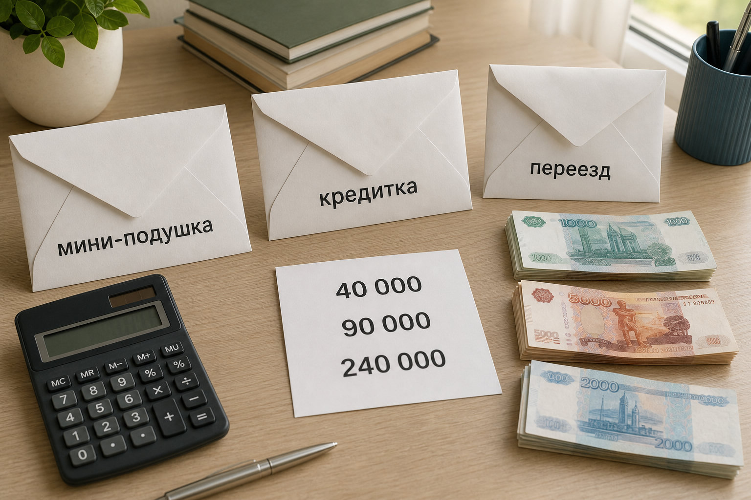 Три конверта бюджета: мини-подушка, кредитка и переезд, рядом калькулятор и суммы кейса.