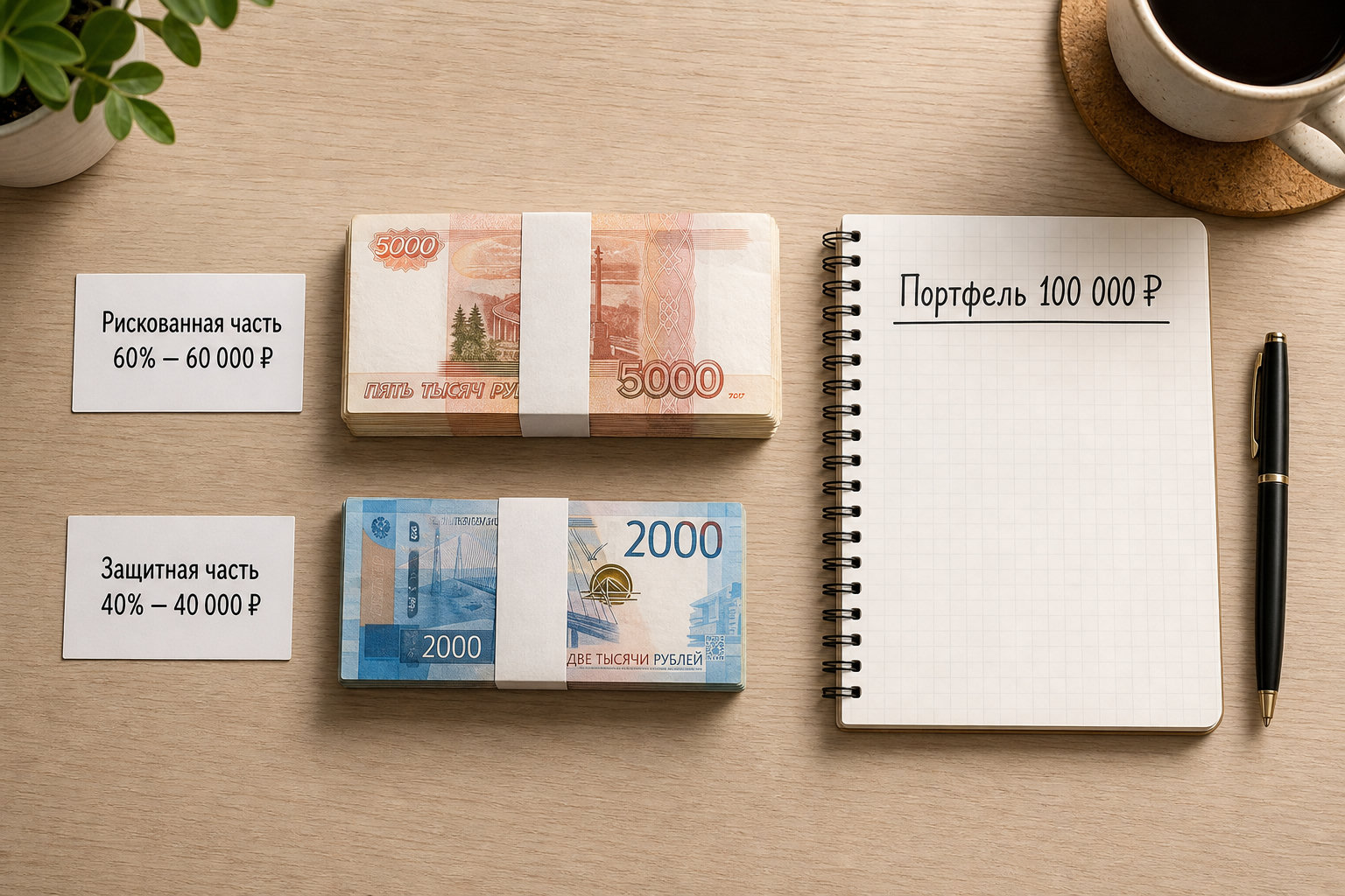 Две стопки денег показывают распределение портфеля 60% и 40%.