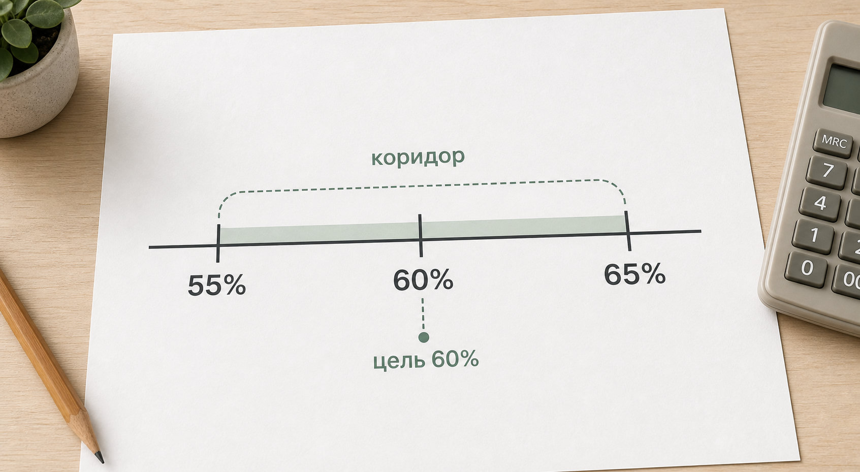 Шкала показывает коридор отклонений от 55% до 65% вокруг цели 60%.