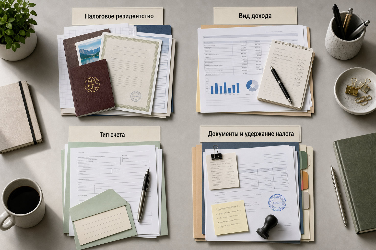 На столе разложены документы по резидентству, доходам, типу счета и налоговым подтверждениям.