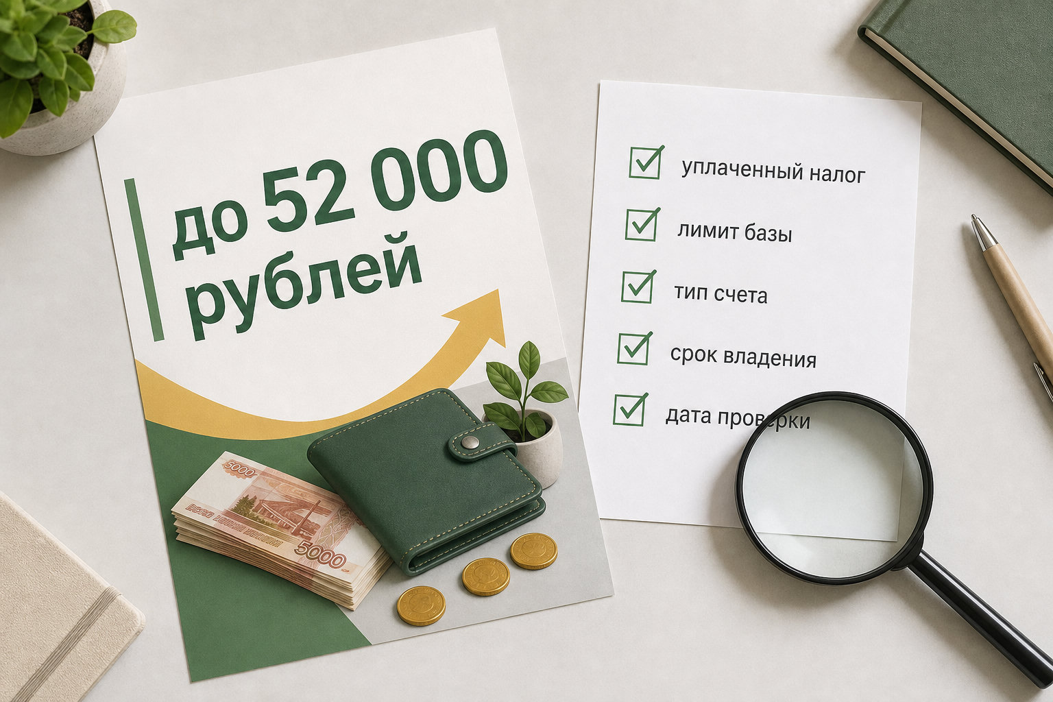 Рекламный флаер о возврате налога лежит рядом со списком условий и увеличительным стеклом.
