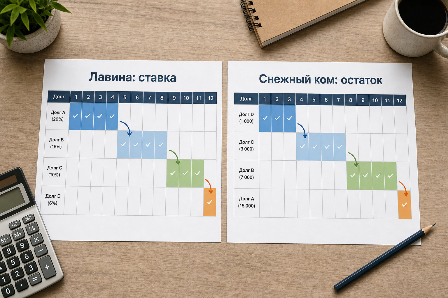 Две таблицы погашения долгов на 12 месяцев: лавина по ставке и снежный ком по остатку.