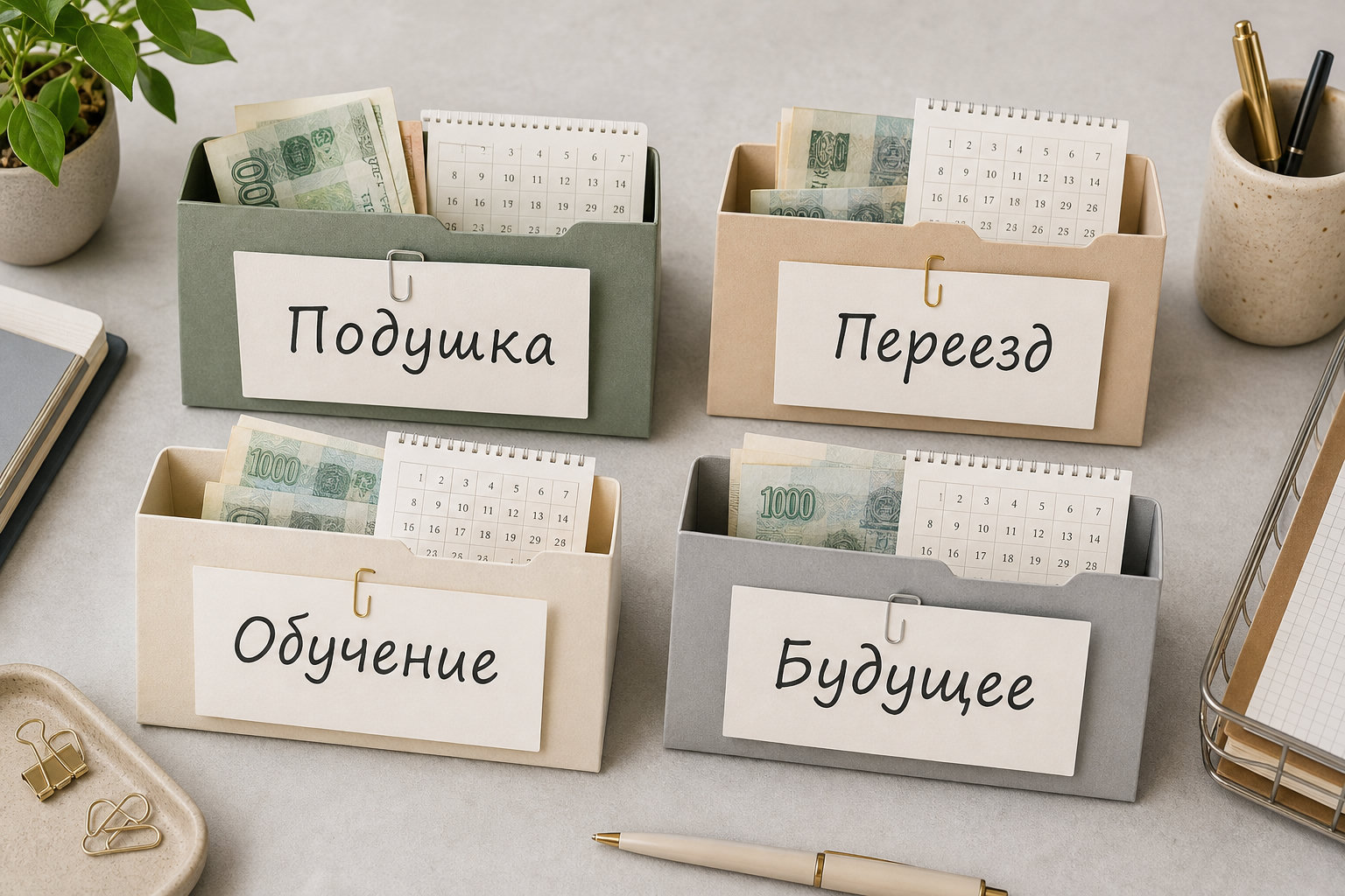 На столе четыре отдельные папки для целей: подушка, переезд, обучение и будущее.