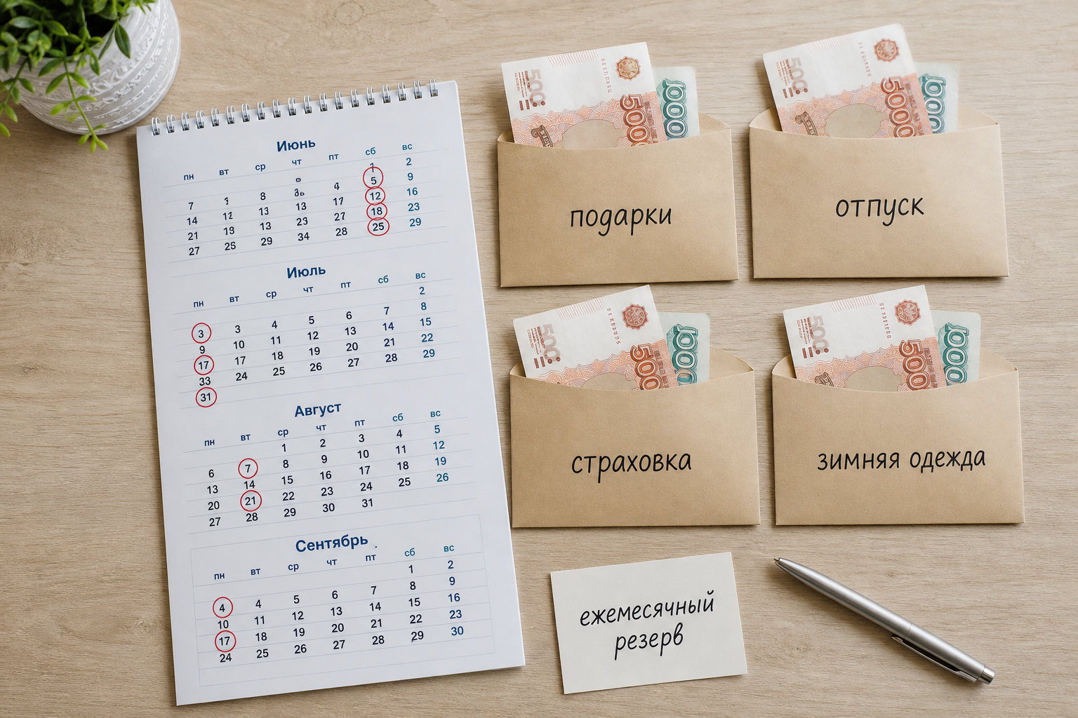 Календарь и конверты для сезонных расходов: подарки, отпуск, страховка и одежда.