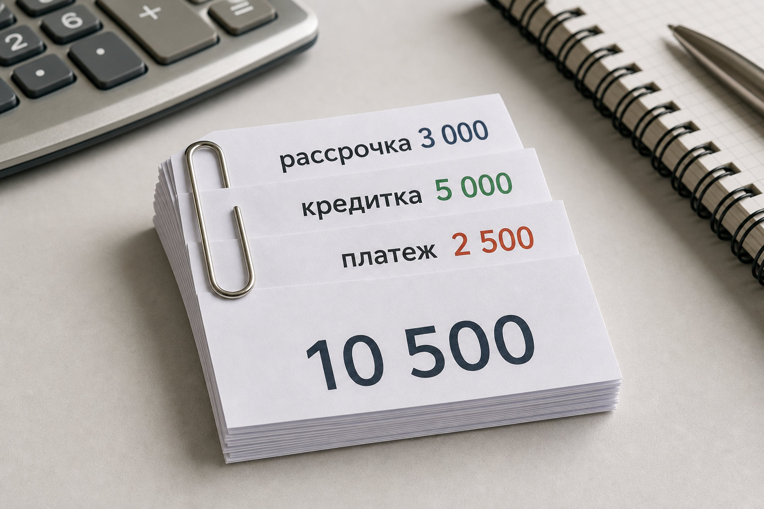 Три маленьких долговых платежа объединены в одну большую сумму 10 500 рублей.