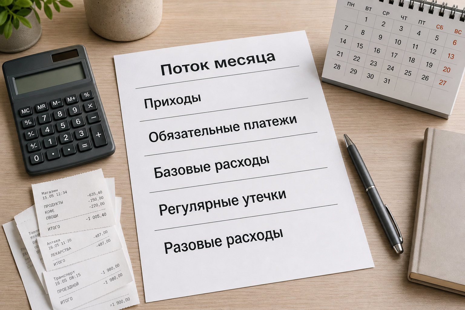 Лист «Поток месяца» с пятью строками для прихода и категорий расходов.