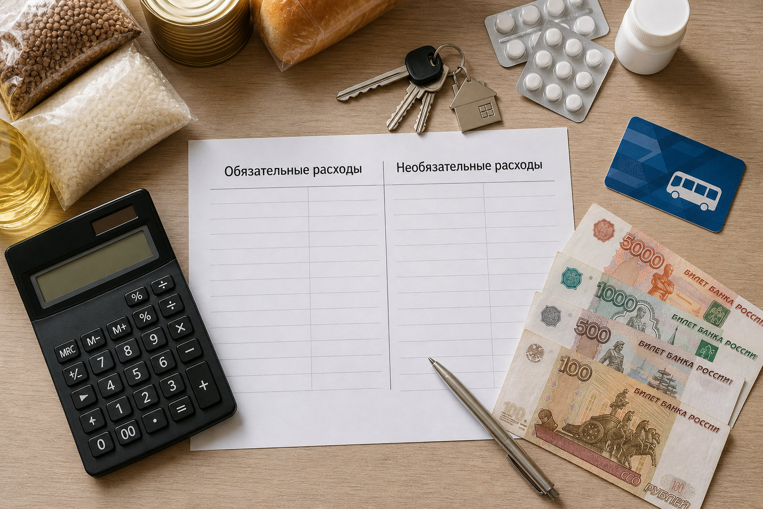 Лист бюджета с базовыми расходами, калькулятором, деньгами и предметами первой необходимости.