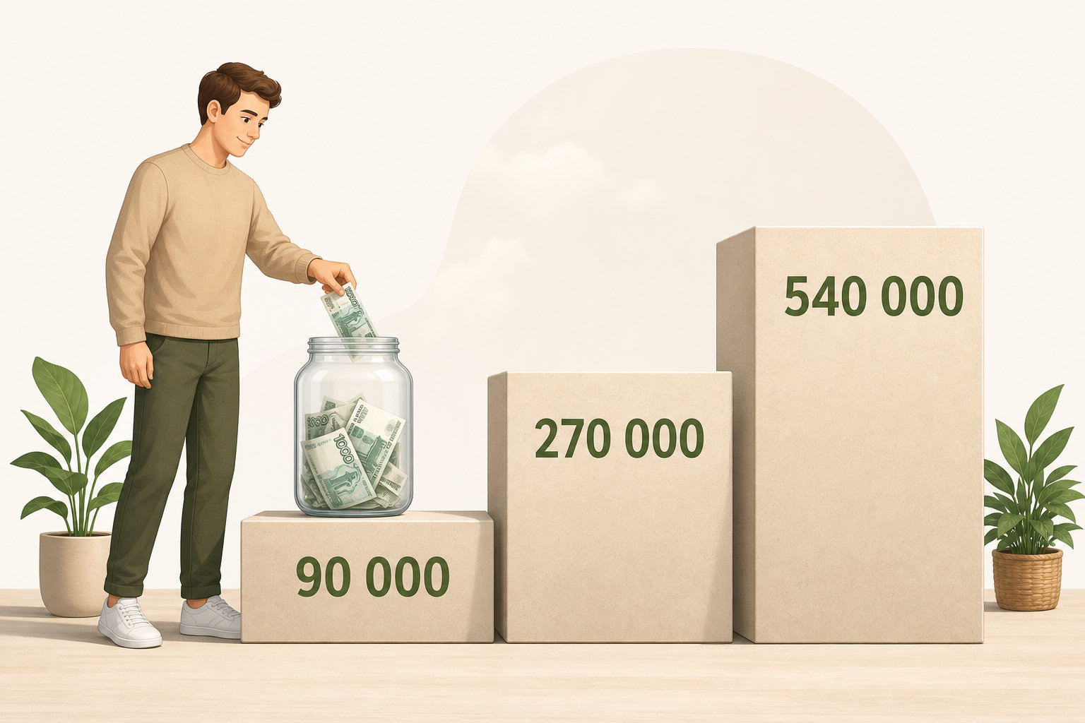 Три ступени накопления подушки: 90 000, 270 000 и 540 000 рублей.