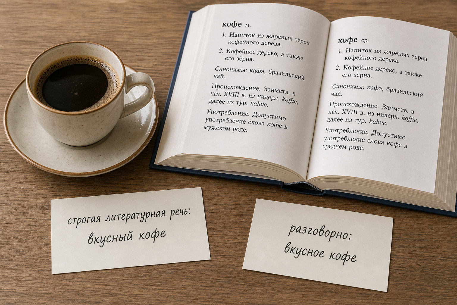 Чашка кофе рядом со словарём и двумя пометами: строгая норма и разговорный вариант.