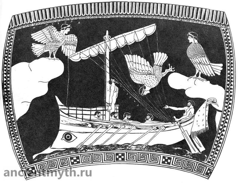 Одиссей привязан к мачте корабля, рядом изображены сирены.