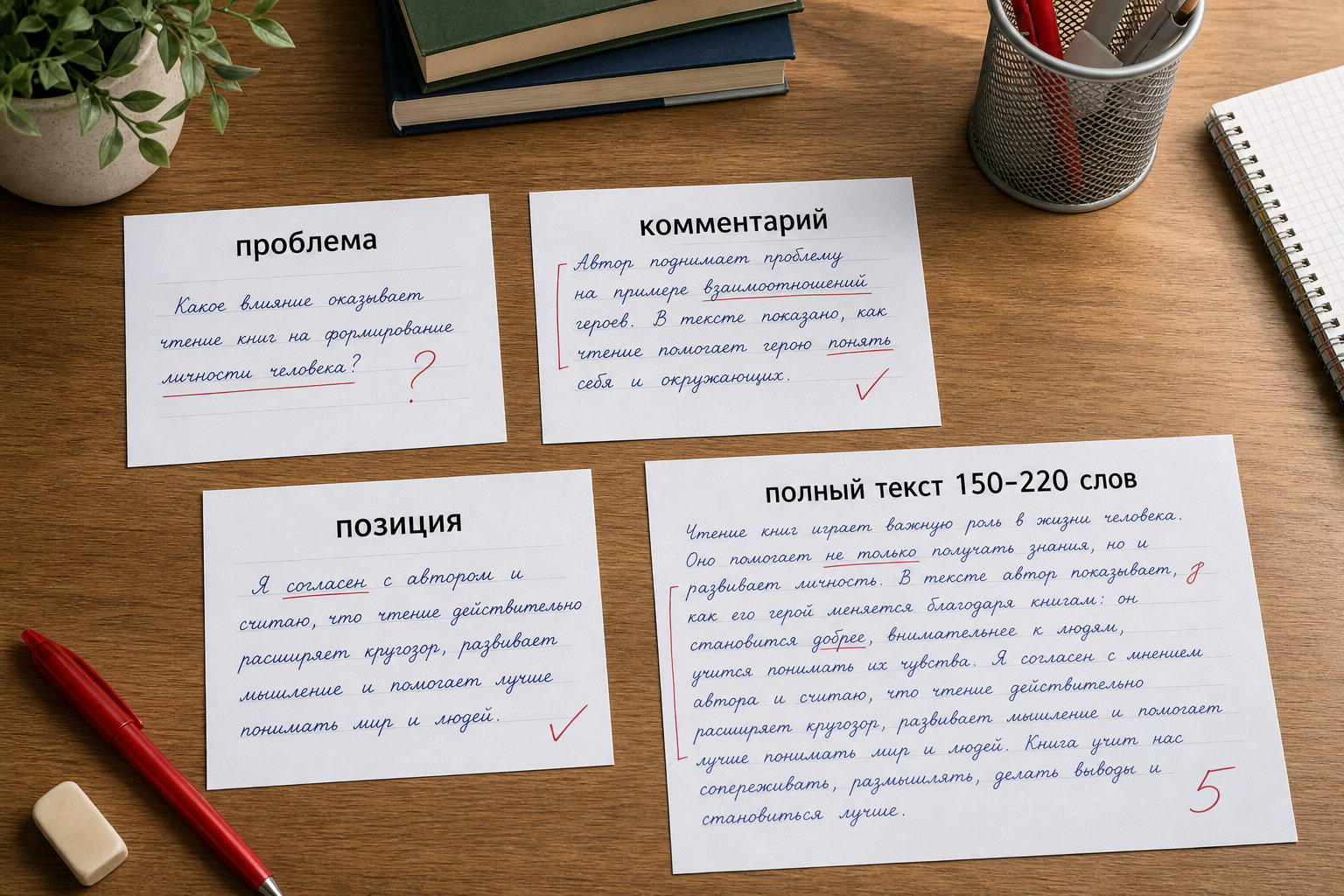 Распечатанный текст с пометками и план сочинения на столе.