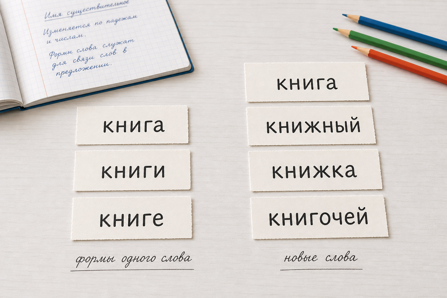 Две группы карточек: формы слова «книга» и новые слова от основы «книг-».