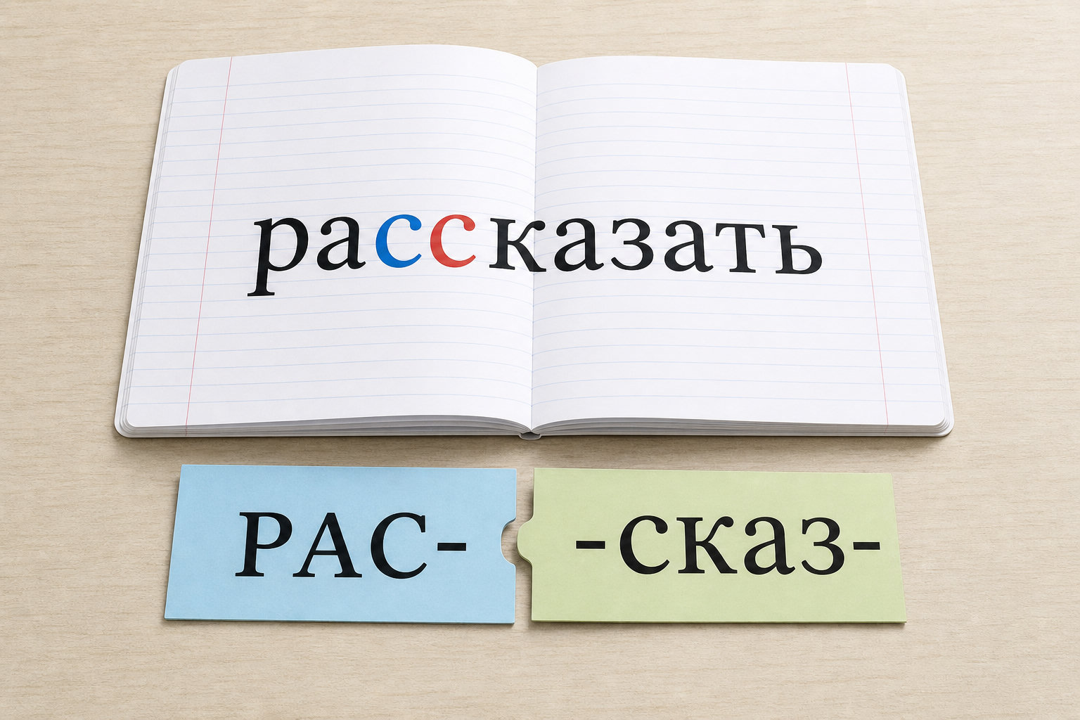 Слово «рассказать» разложено на приставку и корень, две буквы С выделены на границе морфем.