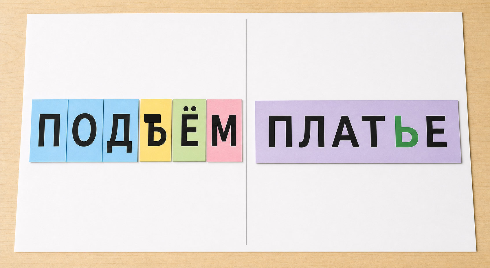 Сравнение слов «подъём» и «платье» с выделением места твёрдого и мягкого знака.
