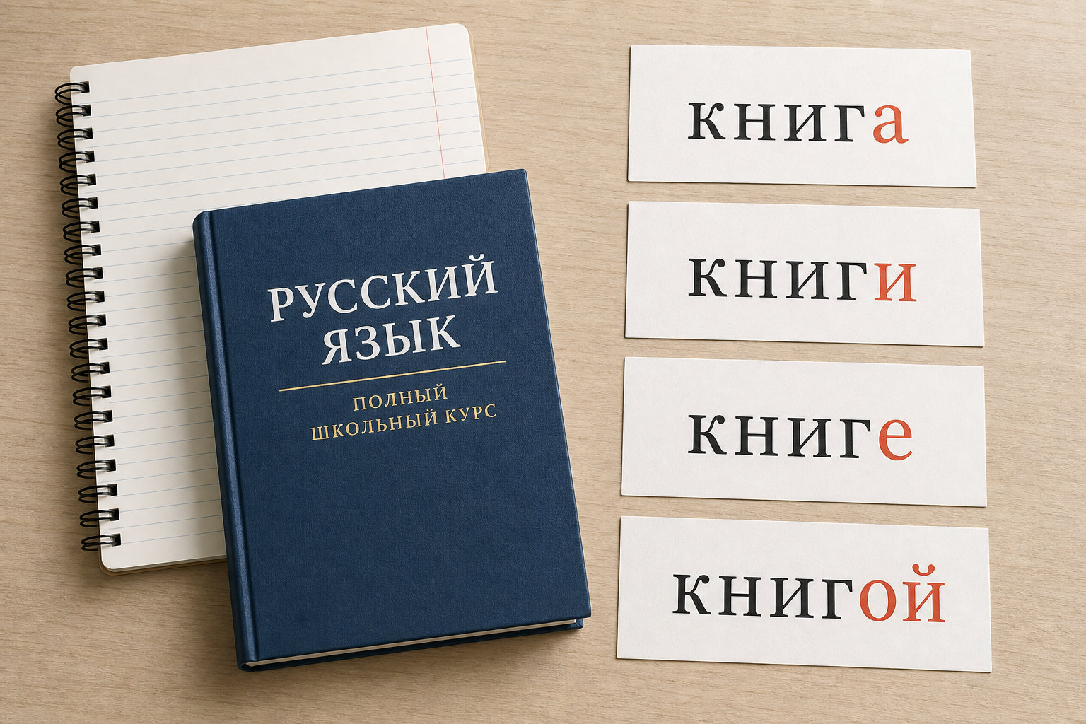Книга и карточки с формами слова показывают изменение окончания по падежам.