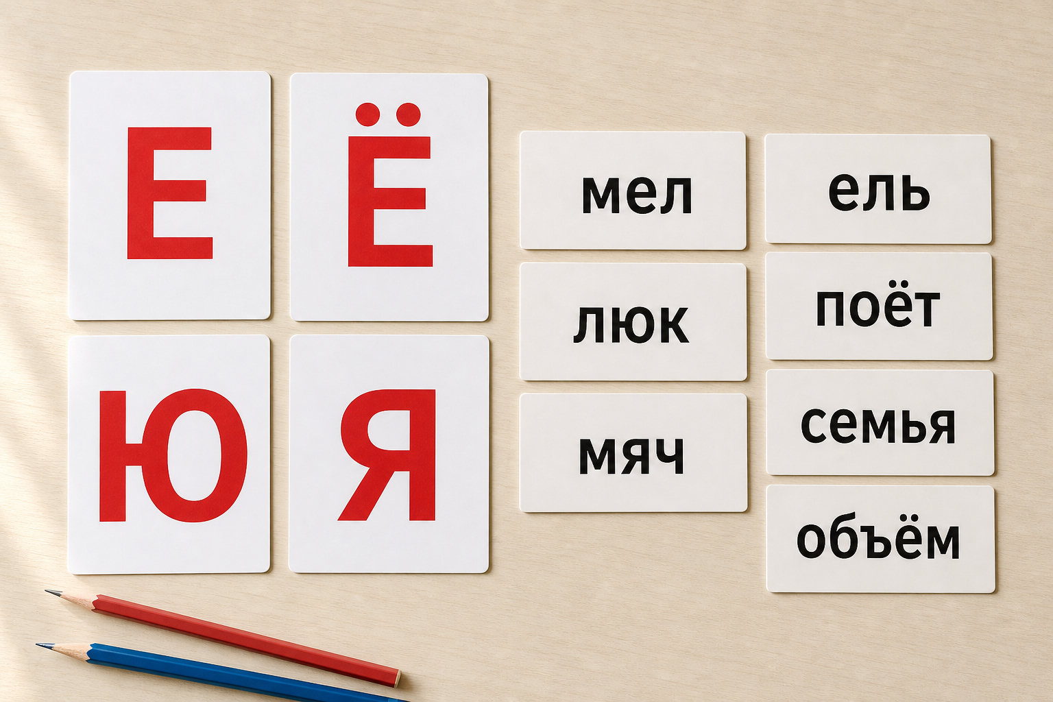 Карточки с буквами Е, Ё, Ю, Я и примерами их двух функций.
