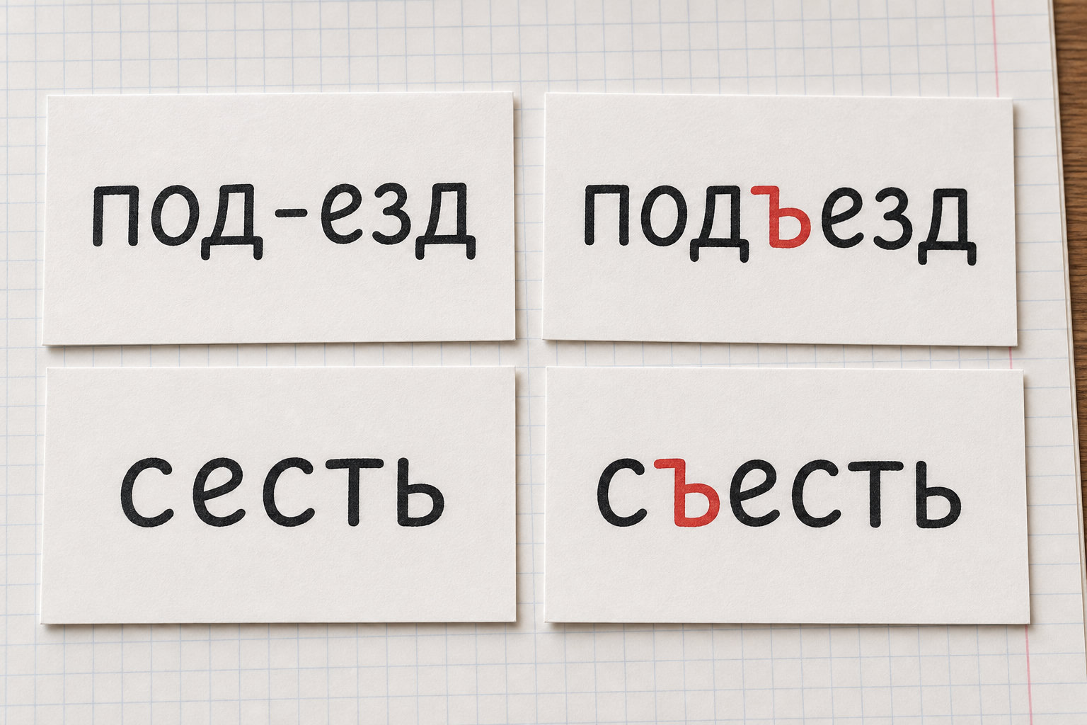 Карточки со словами, где твёрдый знак выделяет границу приставки.