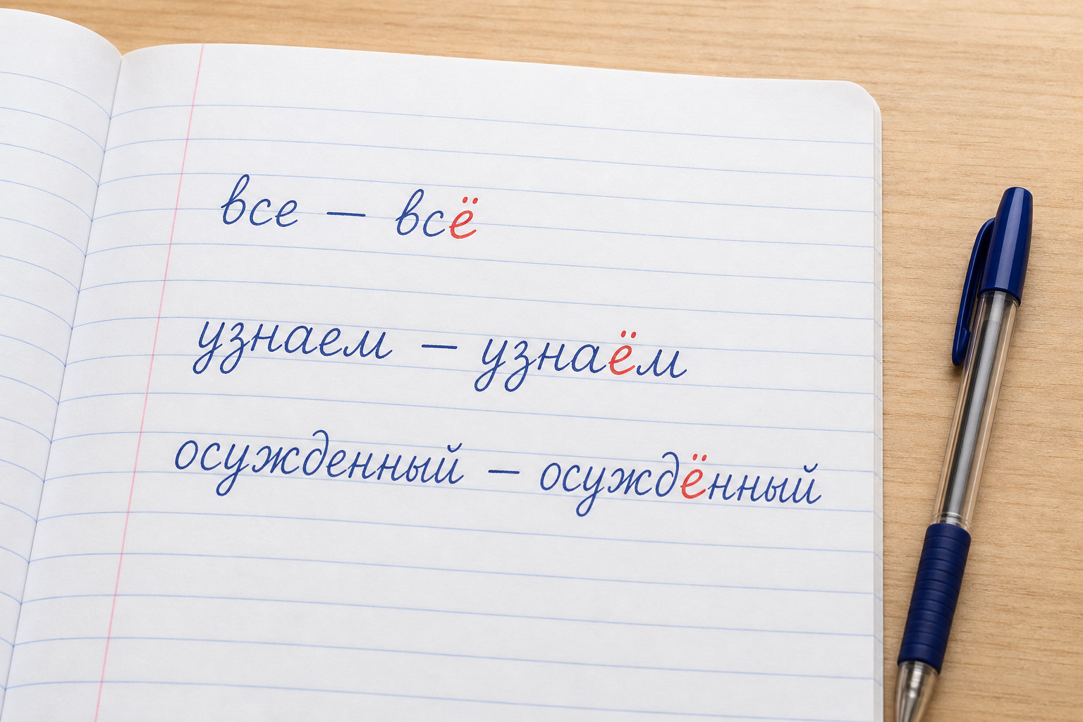 Страница тетради с парами слов, где буква Ё меняет чтение и смысл.