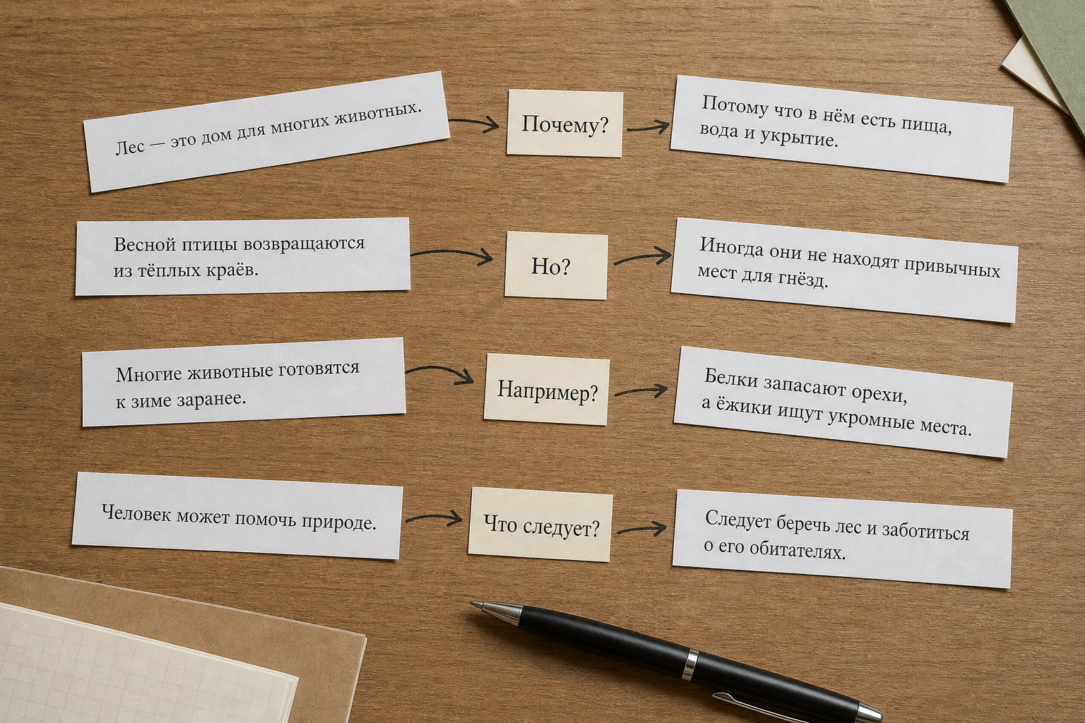 Бумажные карточки с вопросами для анализа логических отношений в тексте.