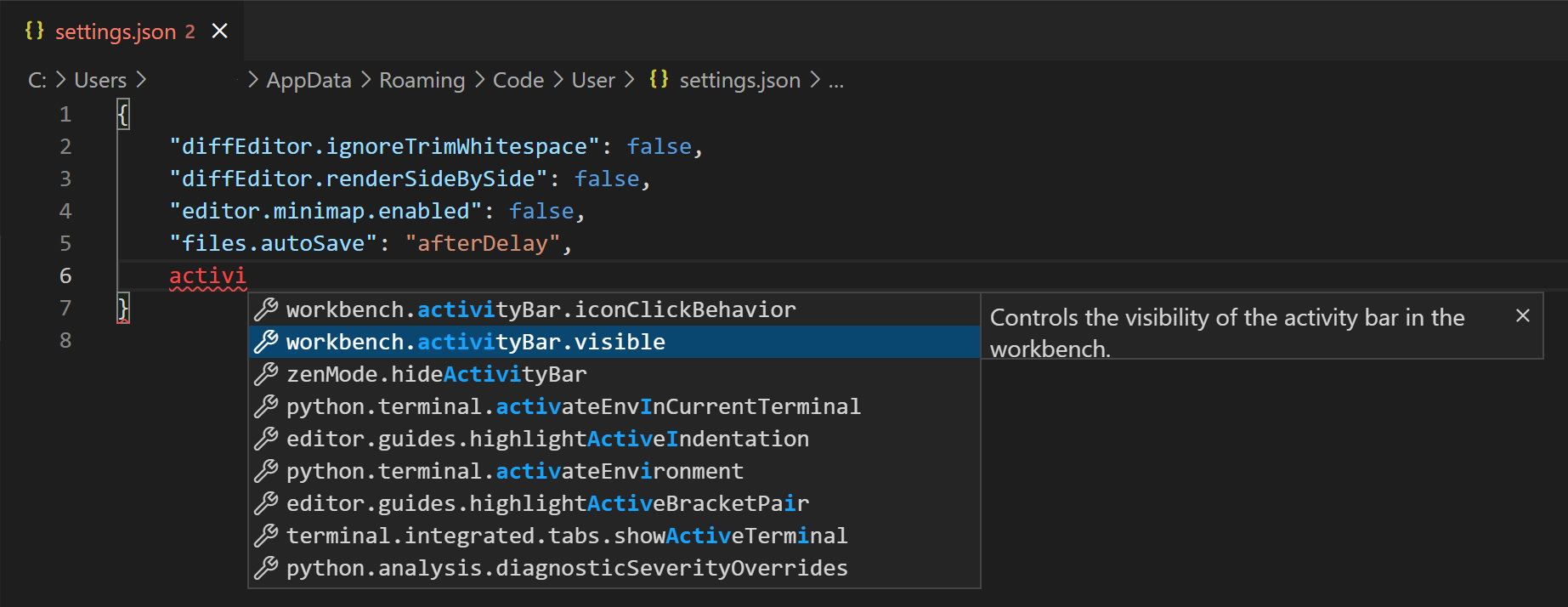 JSON Schema autocomplete in VS Code