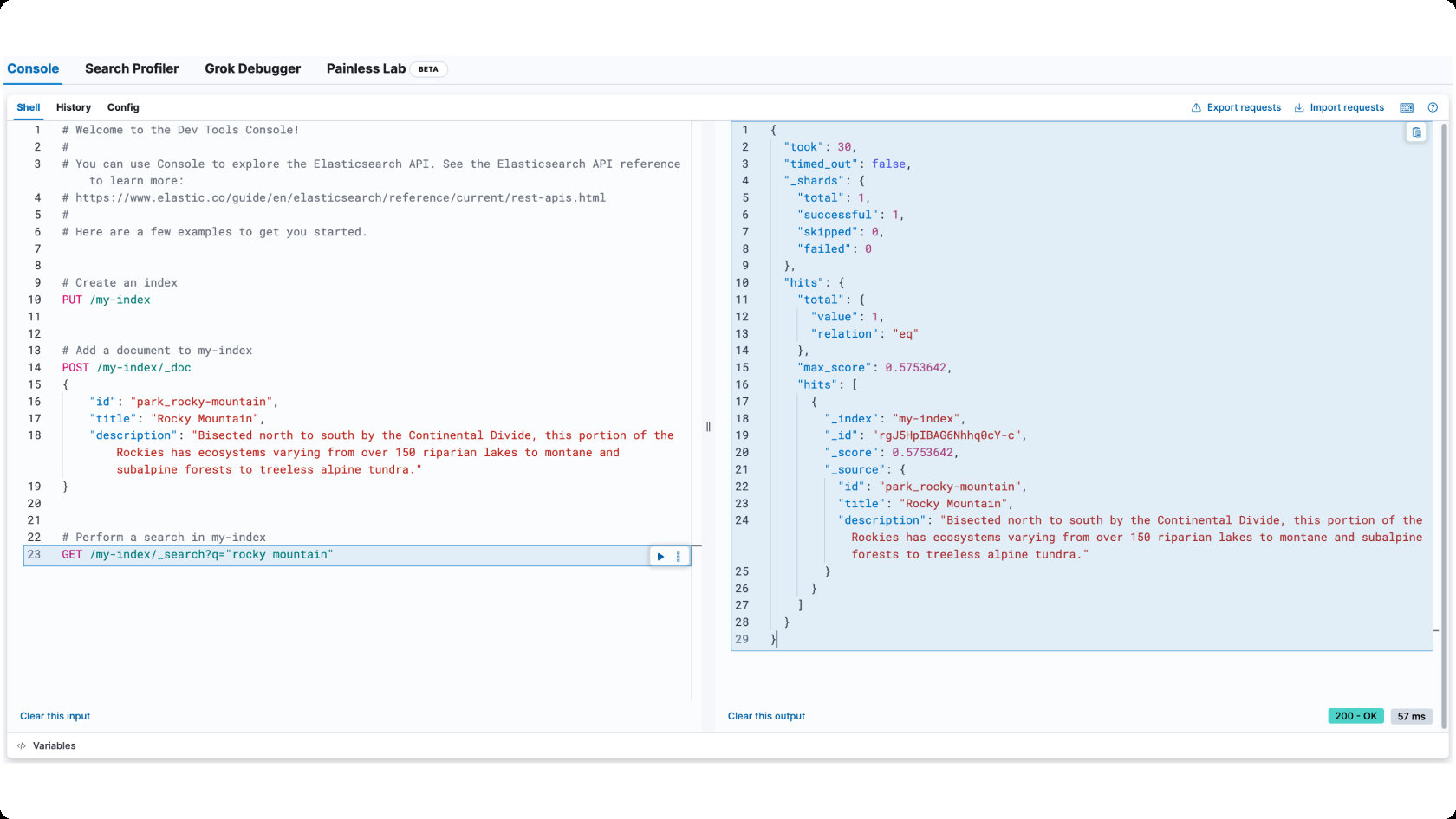 Kibana Dev Tools Console с двумя панелями